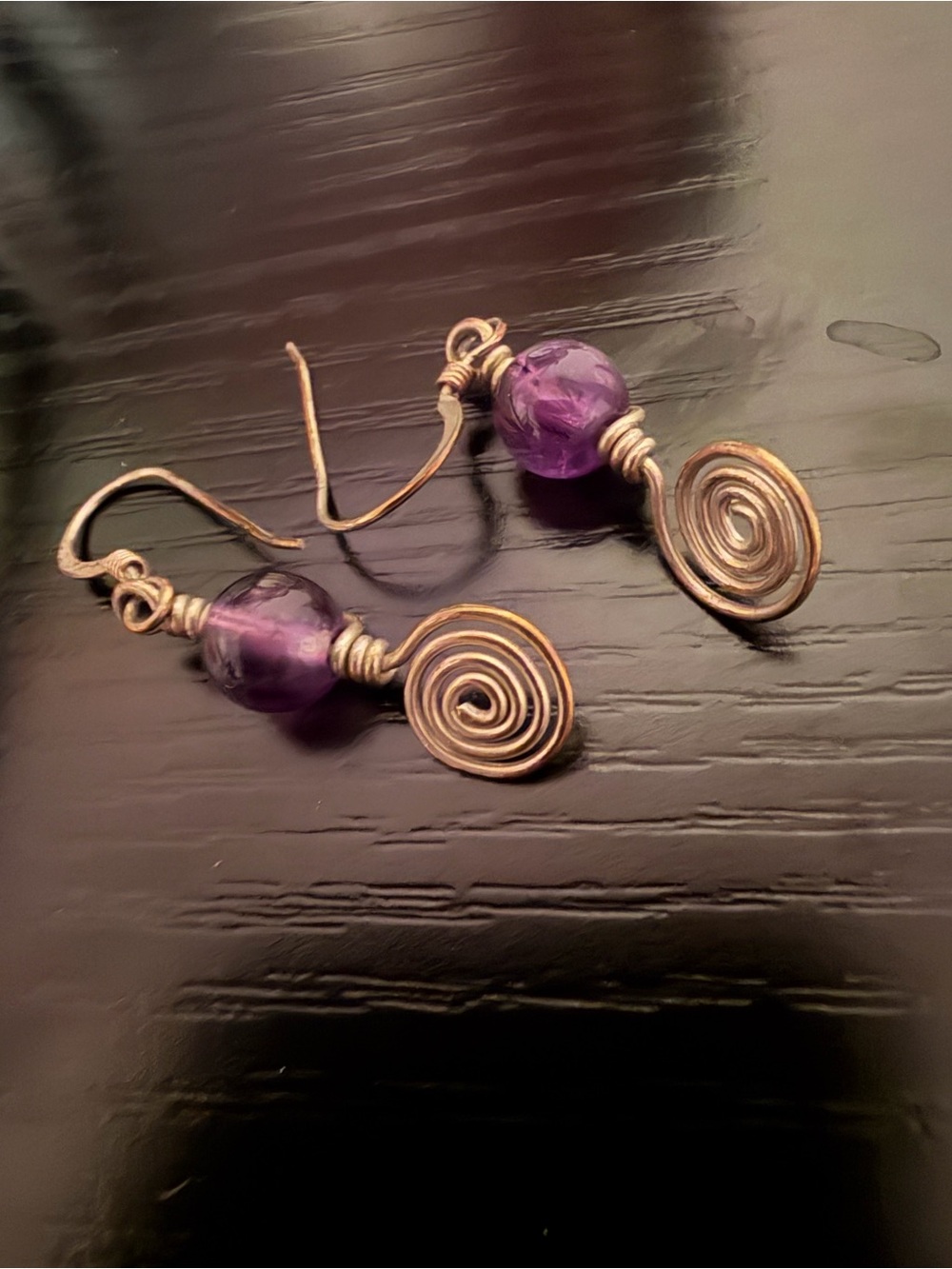 Handmade Purple Glass Bead Spiral Drop Earrings